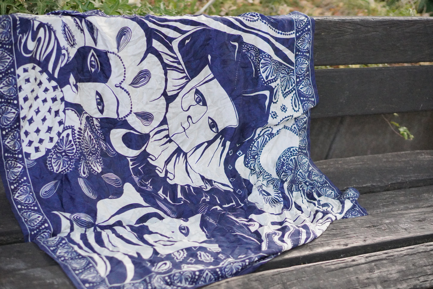 Vintage 1980s Silk Scarf Venetian Masquerade Navy Blue Jacquard Harlequin Border