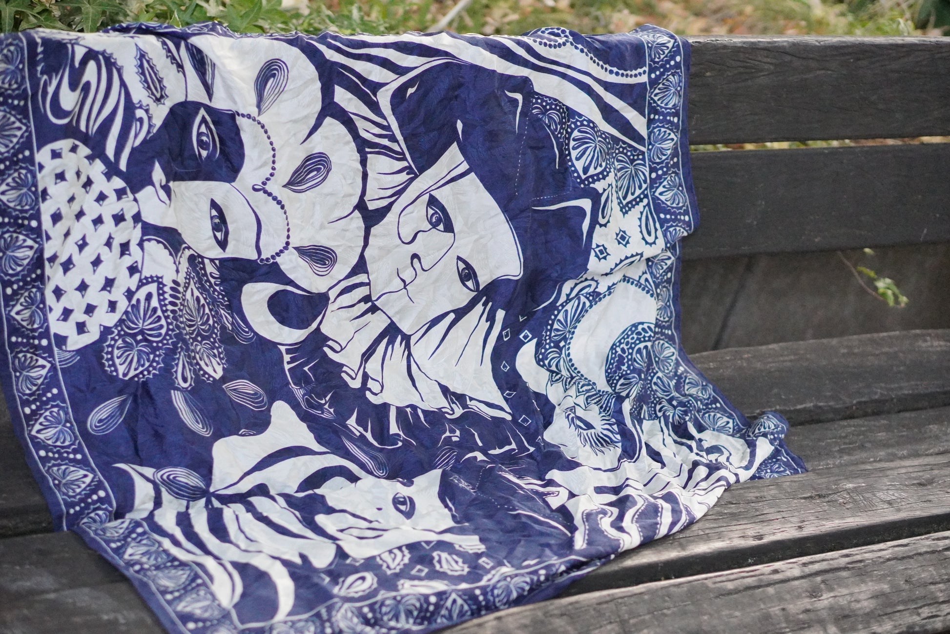 Vintage 1980s Silk Scarf Venetian Masquerade Navy Blue Jacquard Harlequin Border