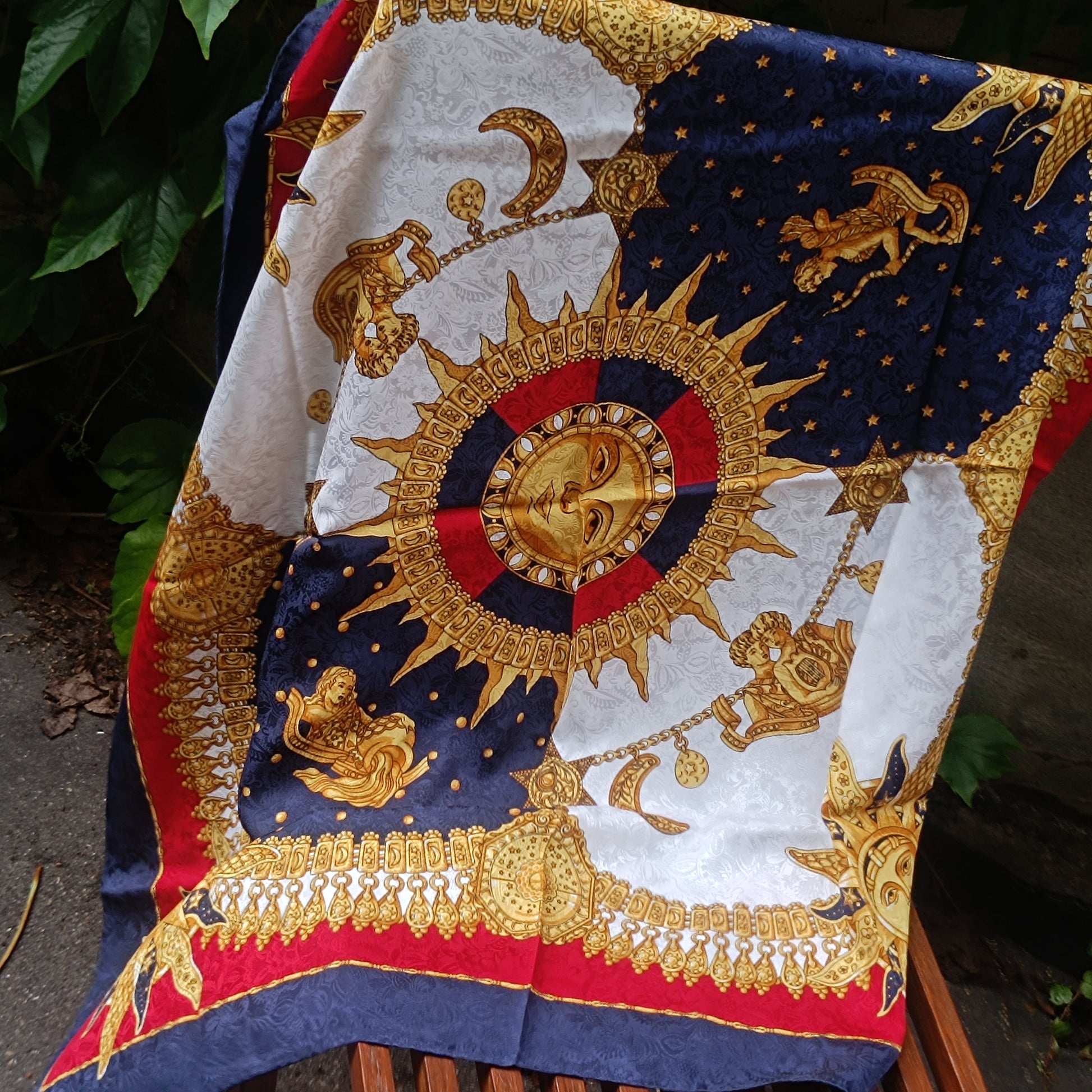 Vintage Sun Moon Silk Scarf Celestial Astrology Zodiac Natur Pur Blue Gold Retro