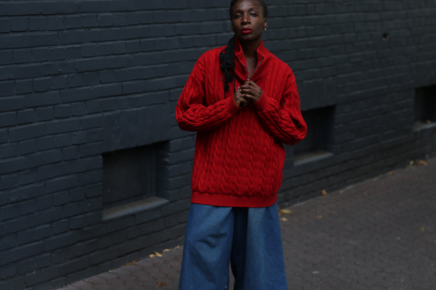 Merino Wool Sweater - Vintage Red Cable Knit Quarter Zip Jumper  L