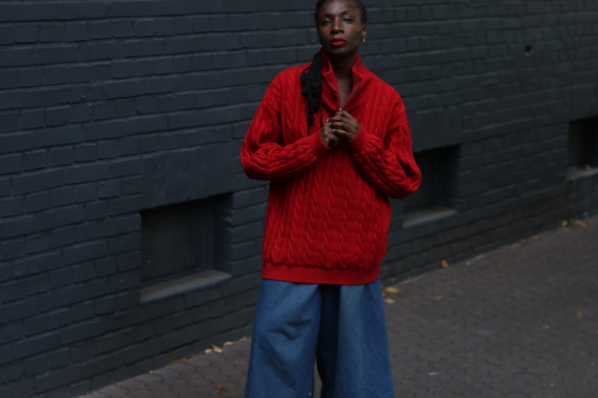Merino Wool Sweater - Vintage Red Cable Knit Quarter Zip Jumper  L
