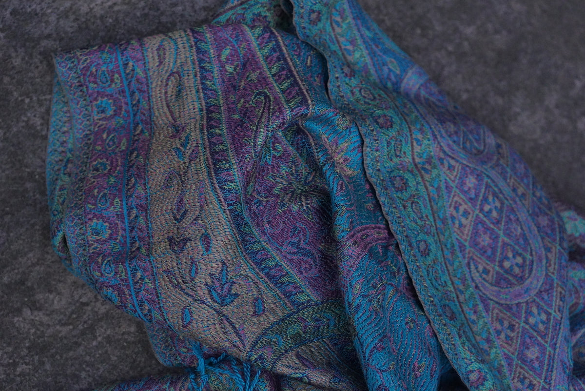 Teal and Purple Paisley Patterned Scarf with Fringe
