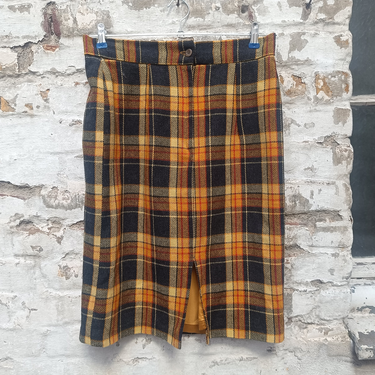 Plaid Pencil Skirt - Vintage 90s Tartan Yellow Navy S/M