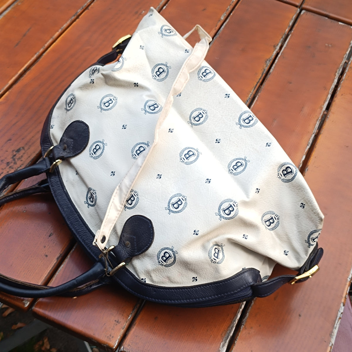 Vintage Michael Bocheim Monogram Boston Bag | 90s Chic Cream & Navy Handbag