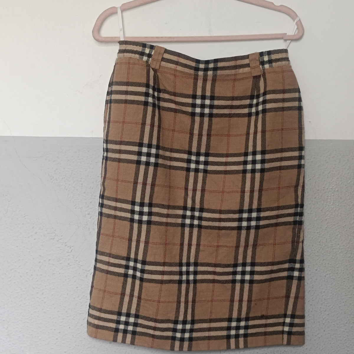 Vintage Wool Plaid Pencil Skirt| y2k Antonette Beige Check Midi - M