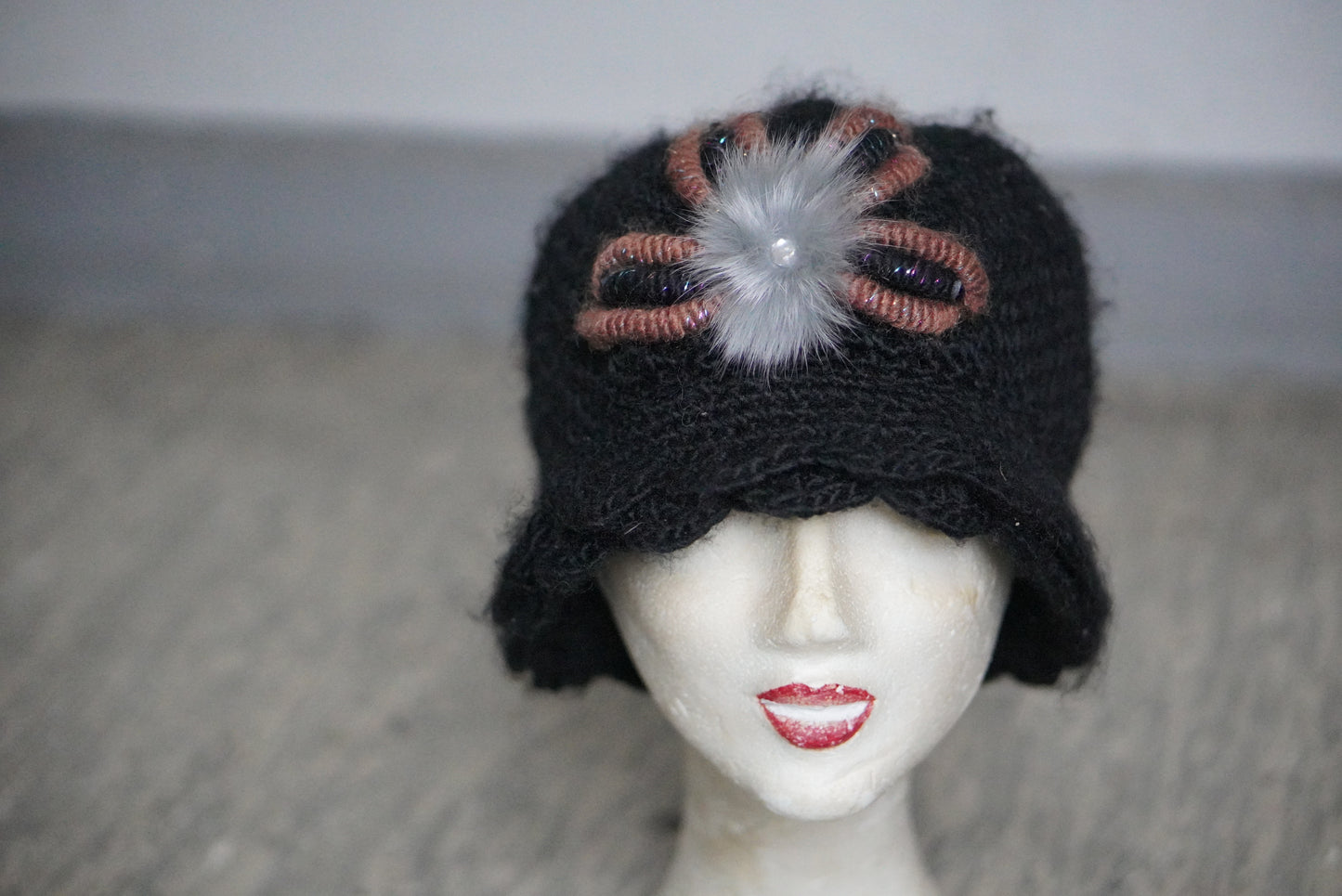 Cloche Hat 1920s Style Black Knit - Floral Fuzzy Accent Winter Hat