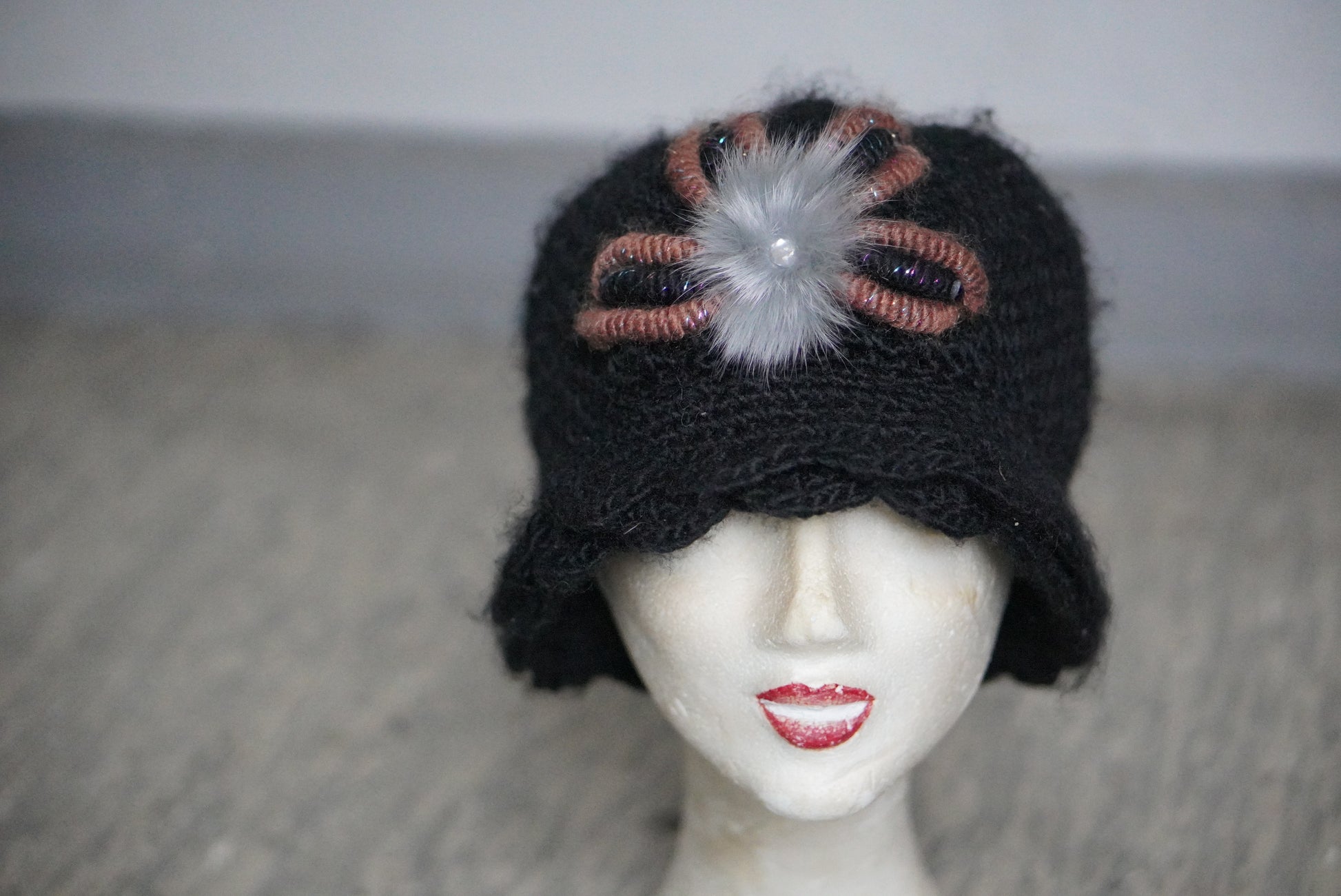 Cloche Hat 1920s Style Black Knit - Floral Fuzzy Accent Winter Hat