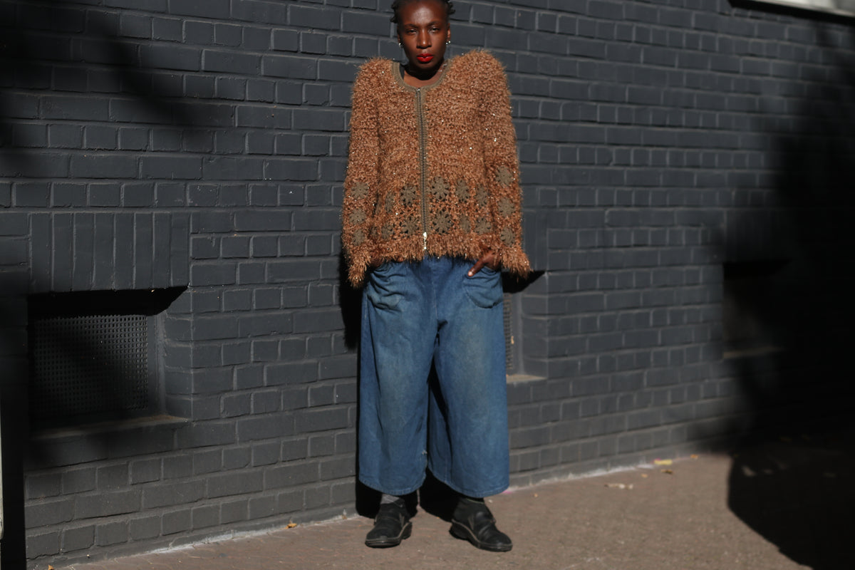 Vintage Brown Fuzzy Knit Cardigan | Y2K Crochet Trim Zipper Sweater XL