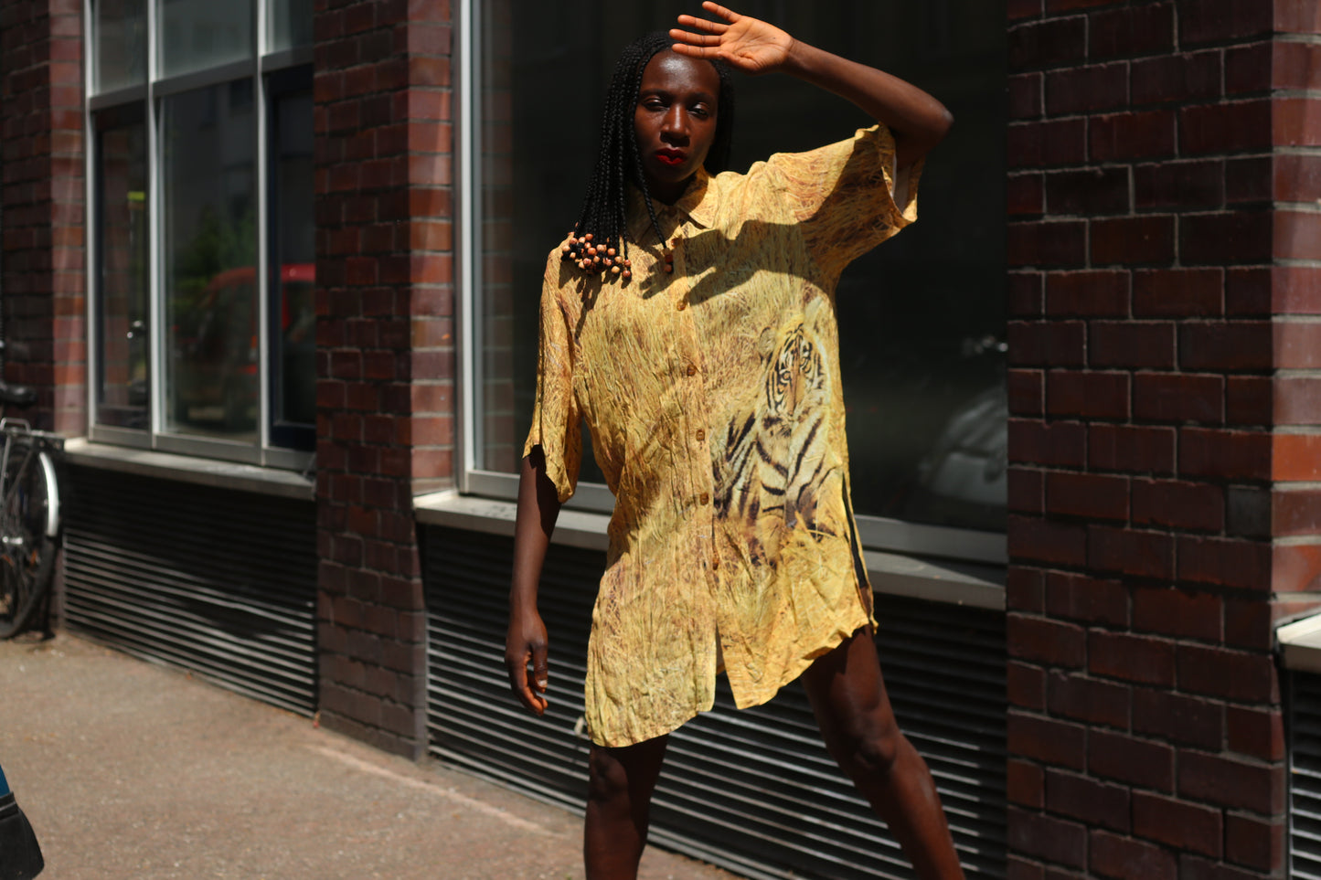 Vintage 90s Tiger Graphic Shirt Oversized Silk Blend Yellow Animal Print Blouse