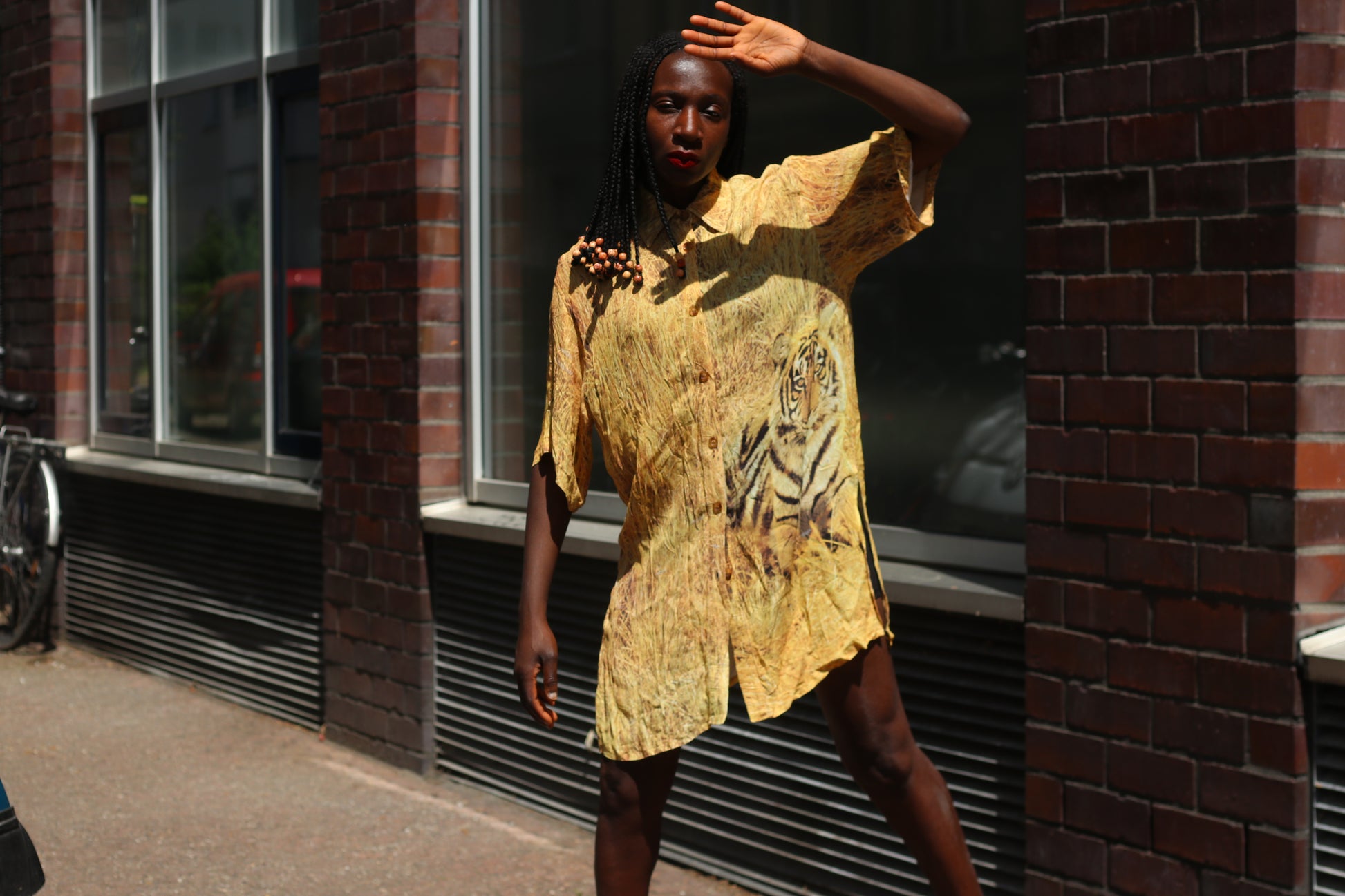 Vintage 90s Tiger Graphic Shirt Oversized Silk Blend Yellow Animal Print Blouse