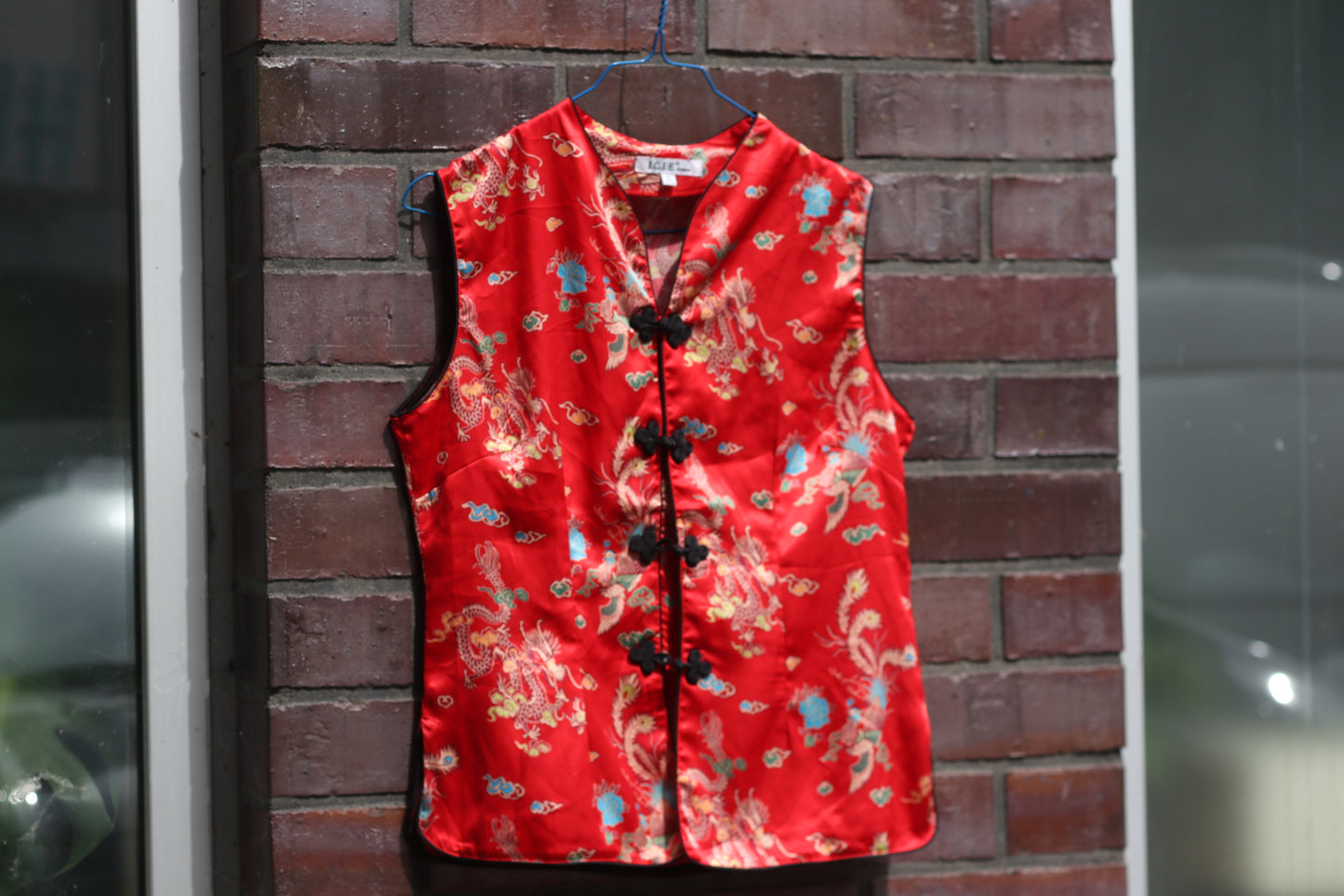90s Dragon Top Red Qi Pao Blouse Sleeveless Asian Aesthetic Pure Silk Festival L