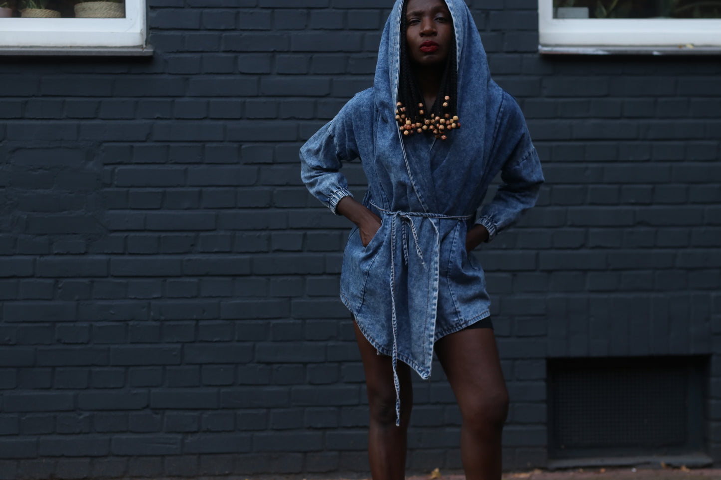 Vintage 80s Acid Wash Denim Jacket Hooded Wrap Coat Blue Jean Parka OshKosh S M