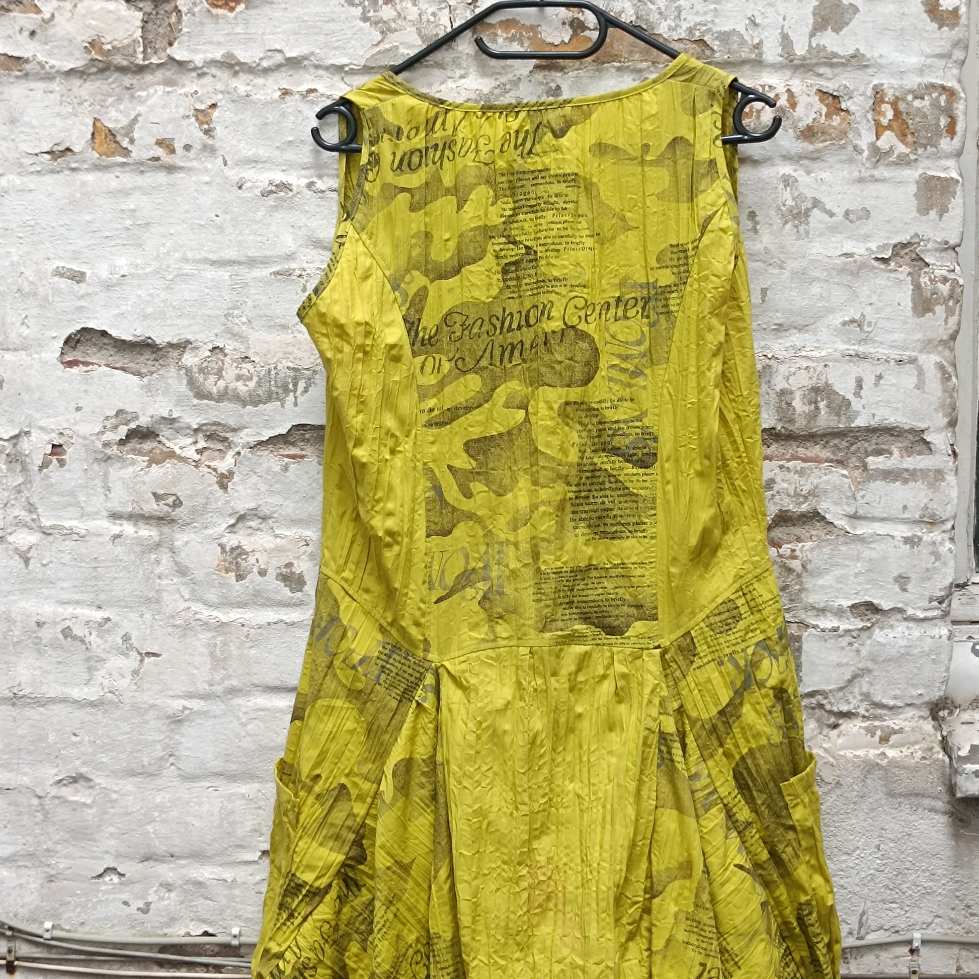 Yellow Avant-Garde Newspaper Dress - 90s Printed Balloon Midi - M/L