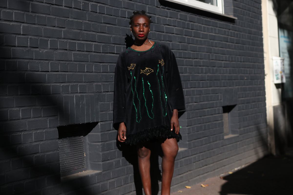 Vintage Velvet Tunic Dress - 90s Black Sequin Fish Mini Dress - L