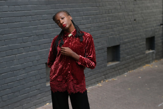  Vintage Gothic Red Velvet Top  | 90s Lace Hem Button Up S