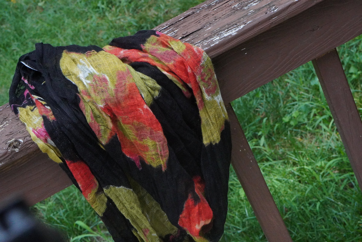 Vintage Floral Scarf - Retro Black Crinkle Wrap with Fringe