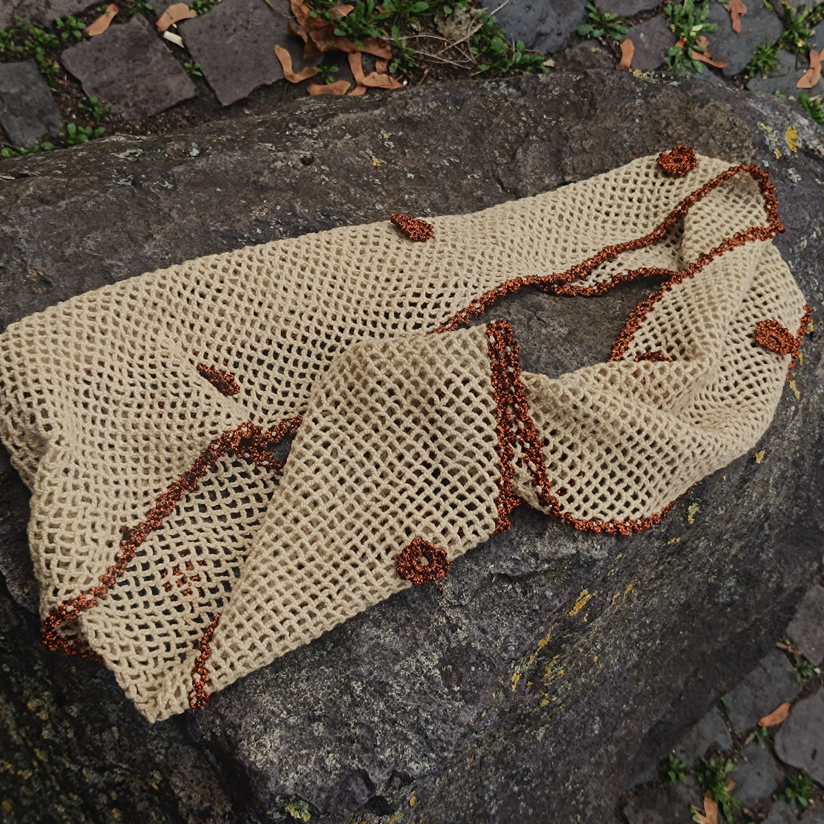 Crochet Mesh Scarf | Vintage 90s Beige Metallic Trim | One Size