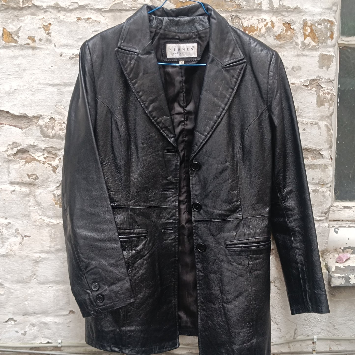 Vintage 1990s Black Leather Blazer Jacket M Matrix Goth Longline Coat Minimalist