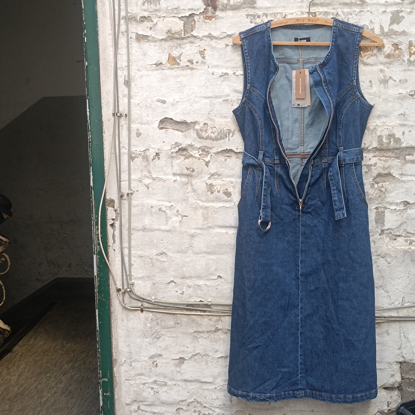 Zign Studio Organic Denim Midi Dress - Sleeveless Belted Jean Dress Blue S