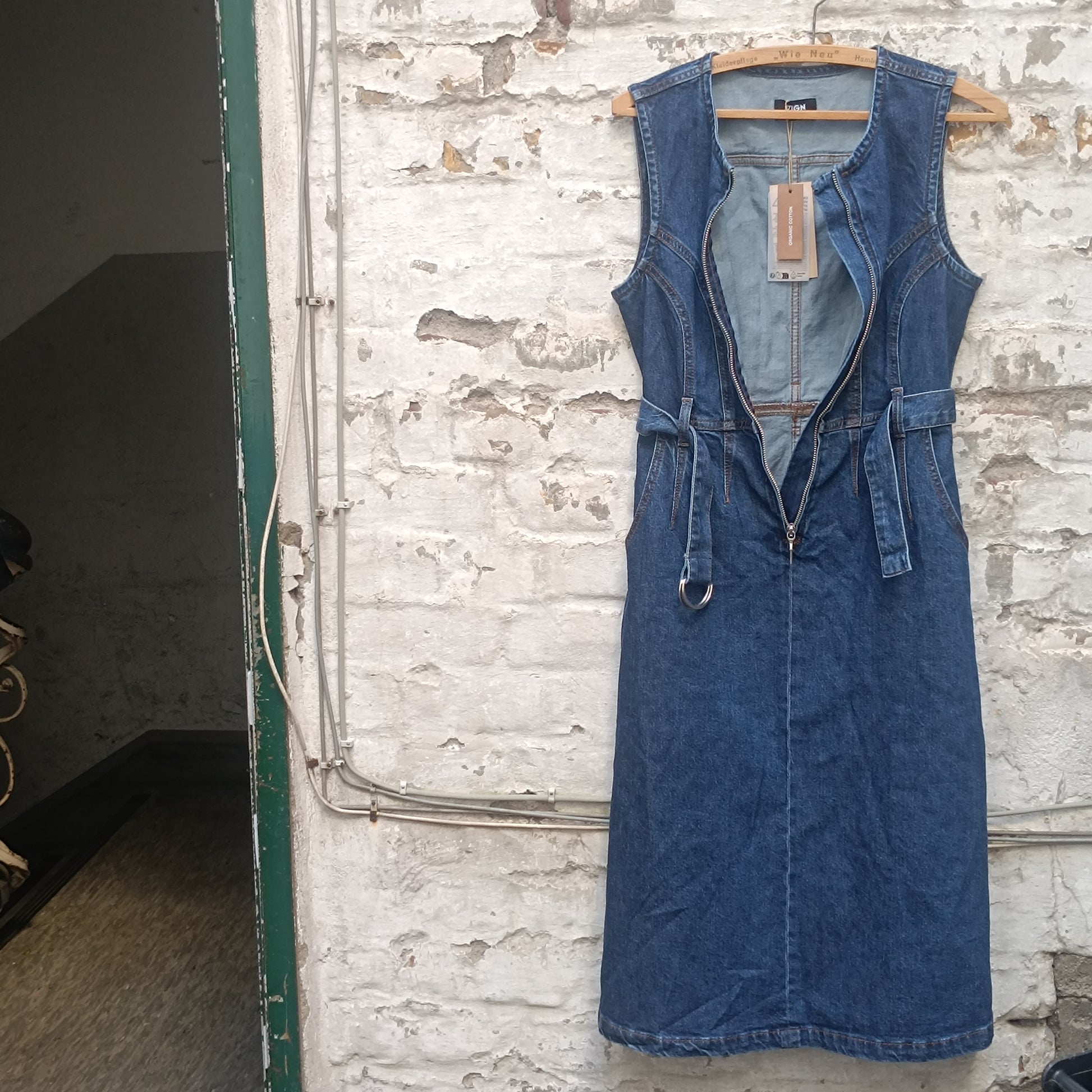 Zign Studio Organic Denim Midi Dress - Sleeveless Belted Jean Dress Blue S
