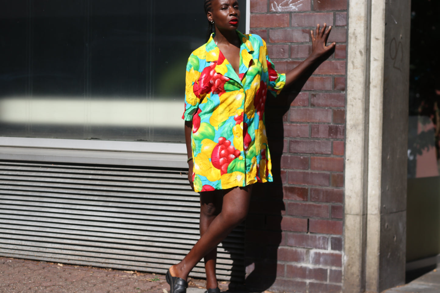 Vintage 90s Fruit Print Shirt Dress - Vibrant Oversized Summer Tunic