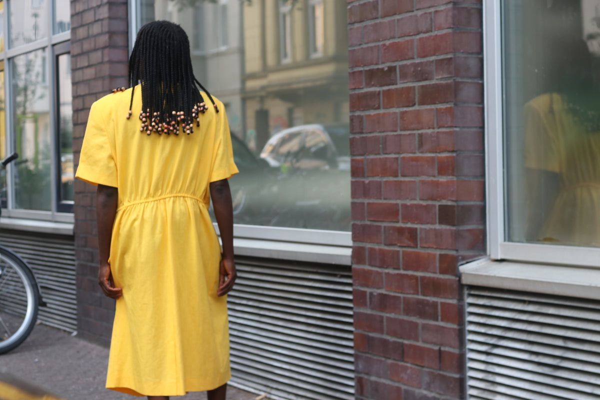 Vintage 80s Yellow Trench Dress | Short Sleeve Midi Shirtdress L to XL