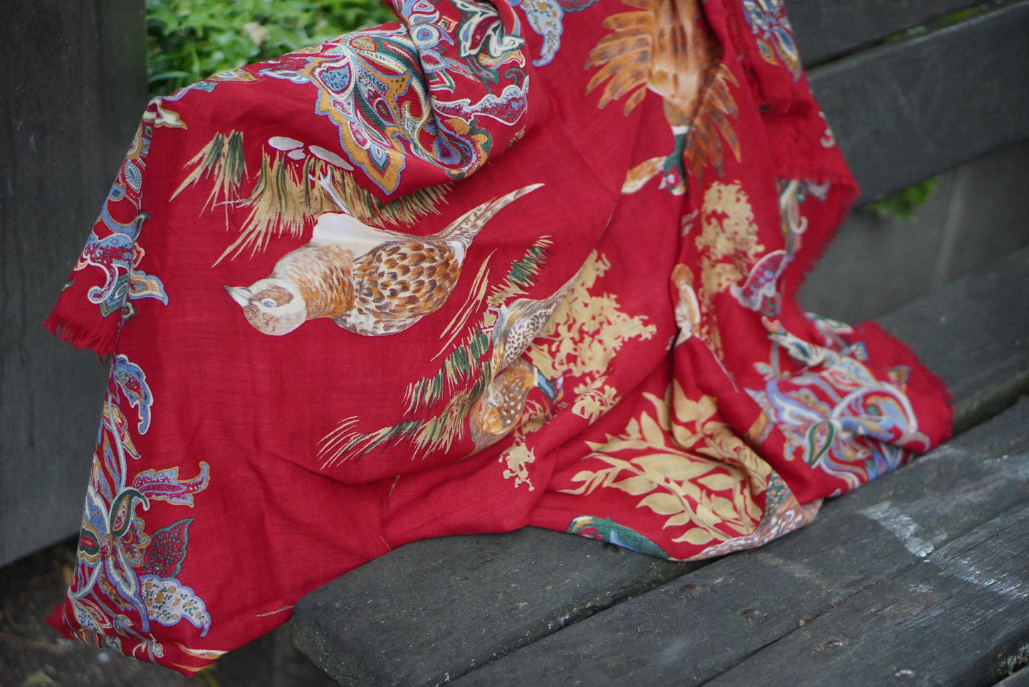 Vintage Red Wool Scarf Paisley Pheasant Shawl 1980s Folk Fringe Wrap Square Large