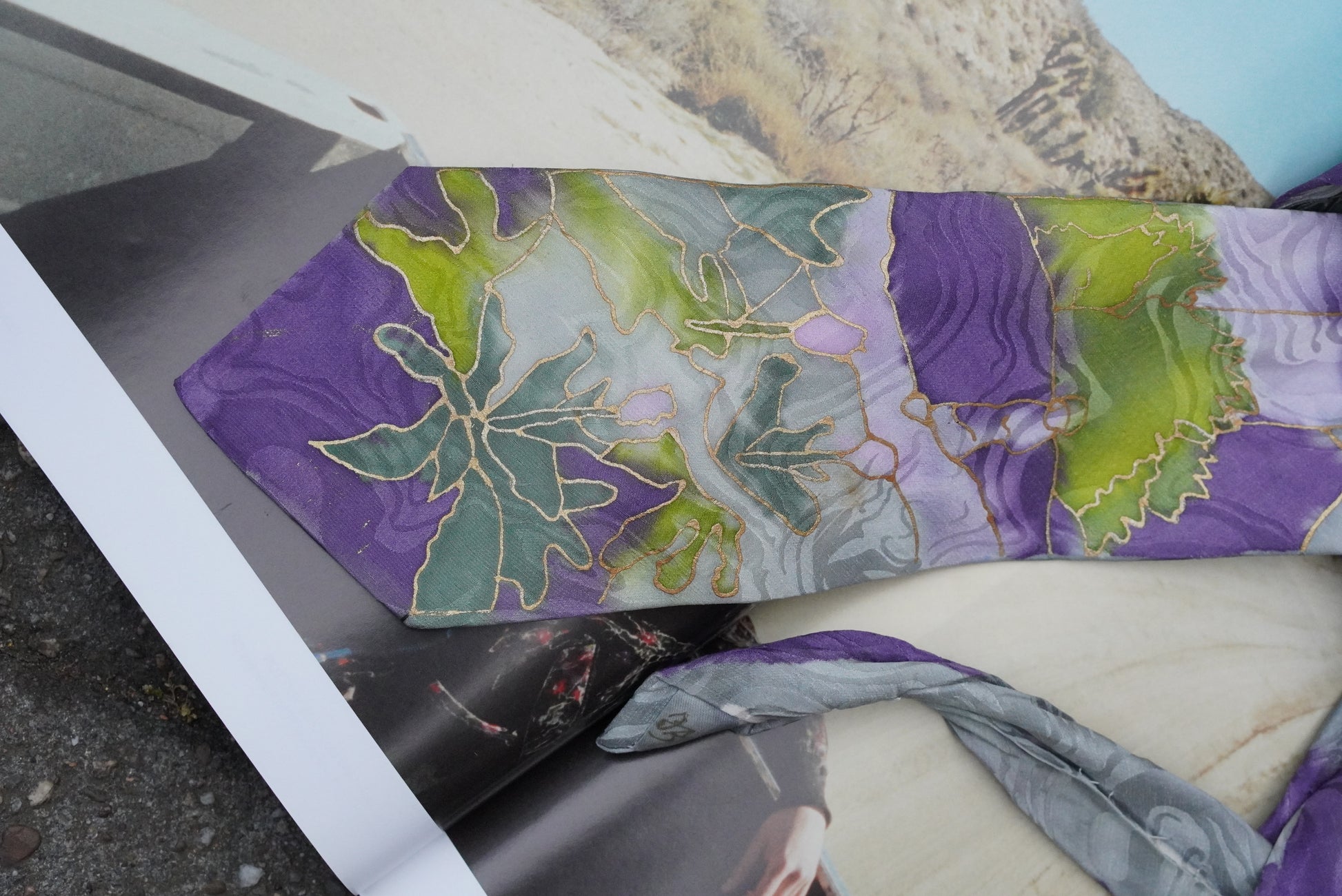 Vintage 100% Silk Tie Hand Painted Abstract Floral Purple Green Gray Art Wear Necktie