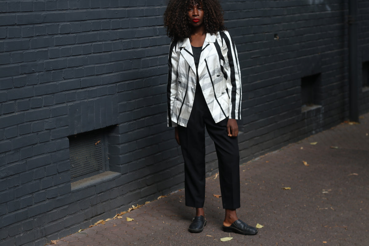 Vintage Striped Blazer | 90s Black White Geometric Jacket | Vera Mont S