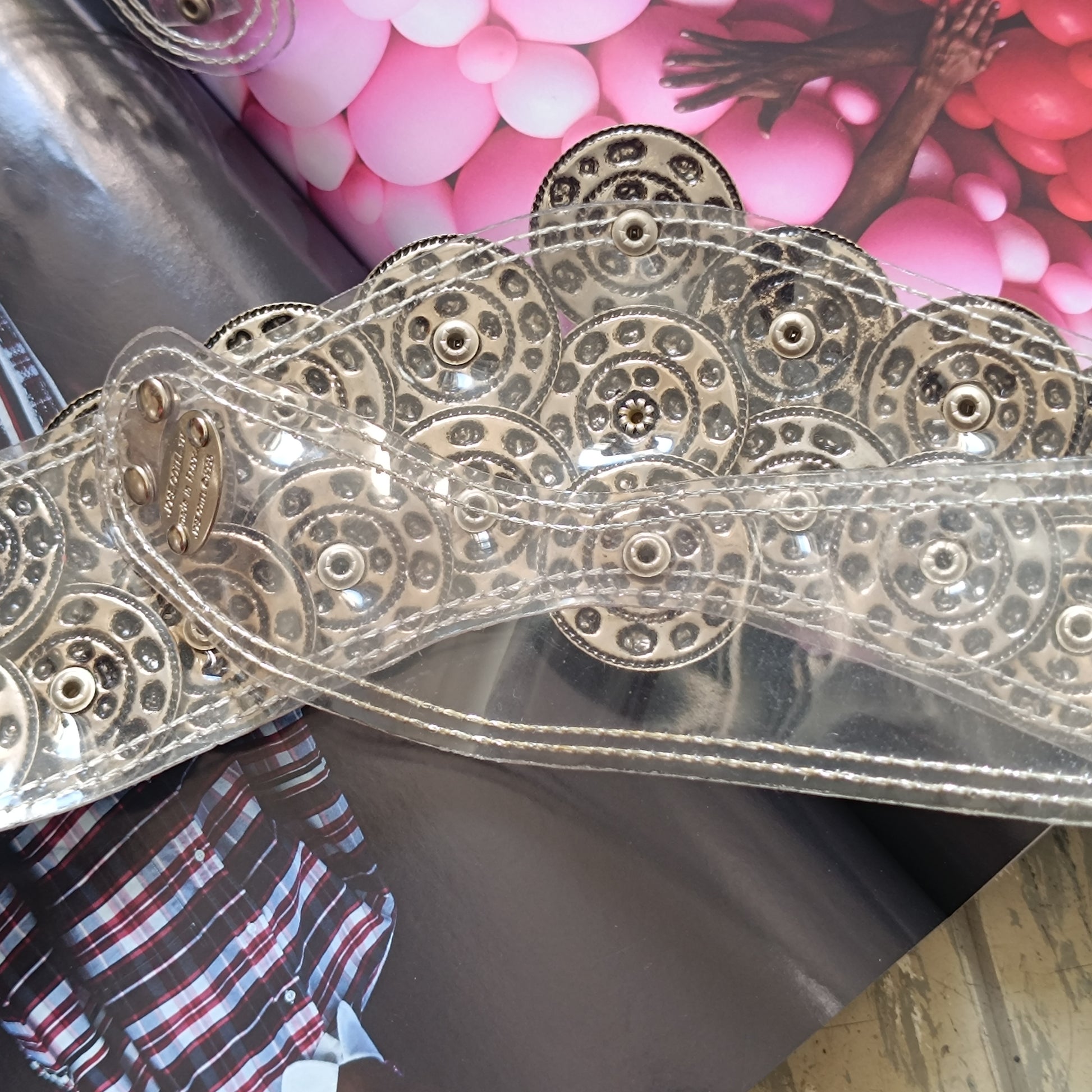 Jose Cotel 1985 Vintage Clear Vinyl Belt - French Medallion Waist Belt