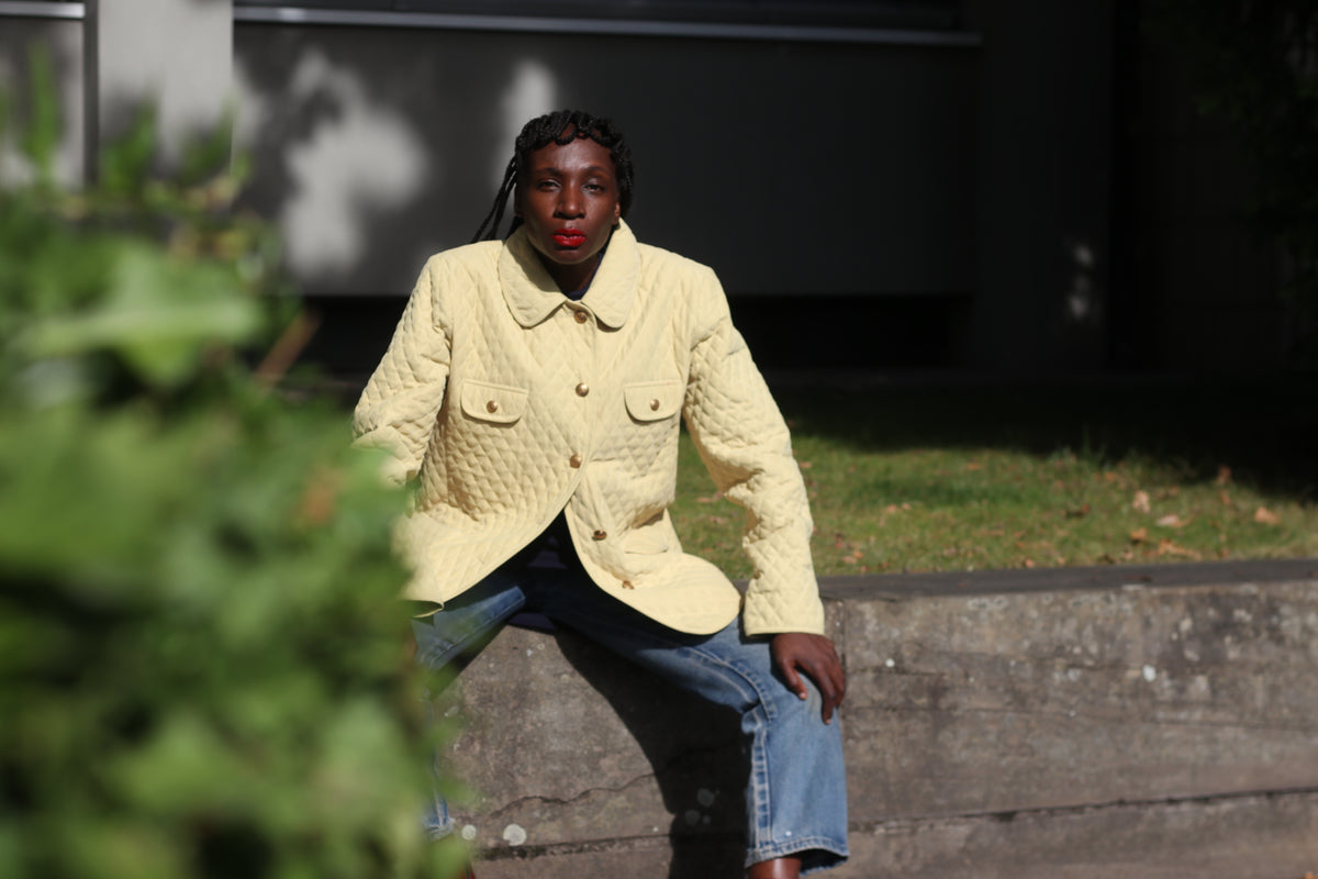 Vintage 1980s Light Yellow Diamond Quilted Jacket, Size M/L