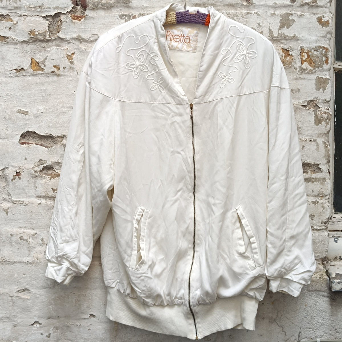 Vintage 80s Piretta White Embroidered Bomber Jacket | Oversized Zip Up M