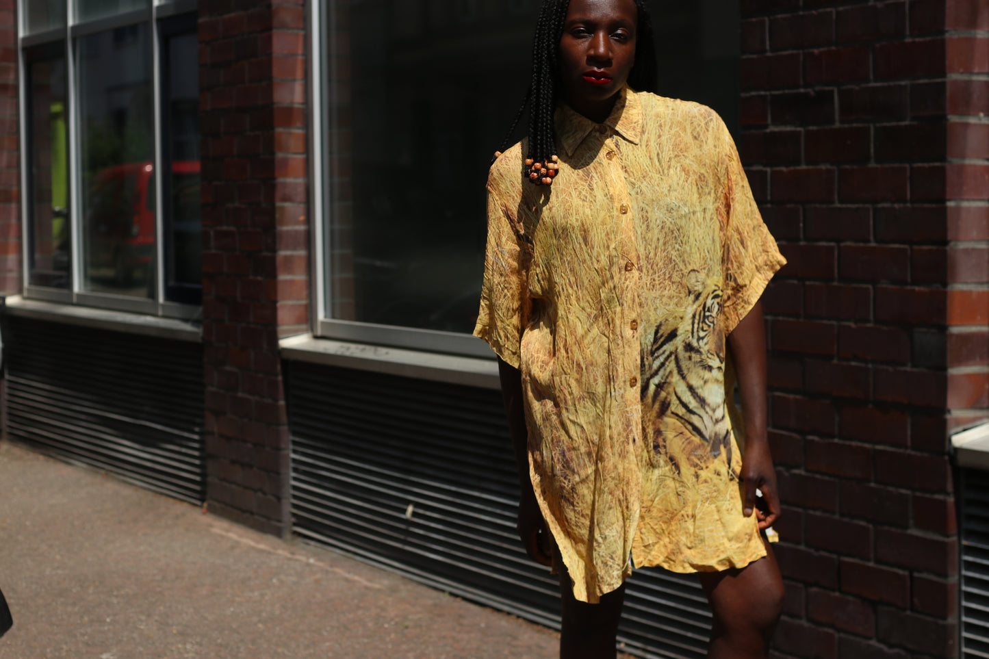 Vintage 90s Tiger Graphic Shirt Oversized Silk Blend Yellow Animal Print Blouse