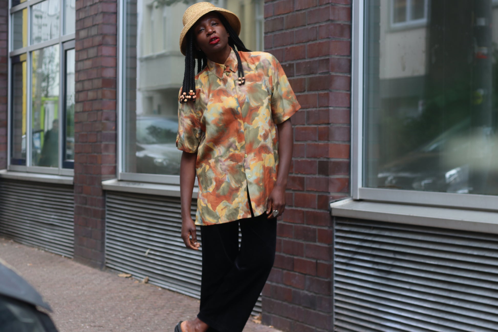 Vintage 1980s Silk Blouse Abstract Earthy Camo Print Short Sleeve Button Up Shirt