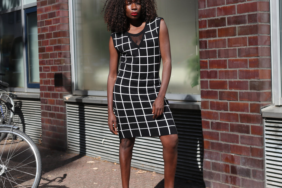 Grid Print Knit Dress | Black White Y2k Morgan Du Toi Sleeveless Bodycon