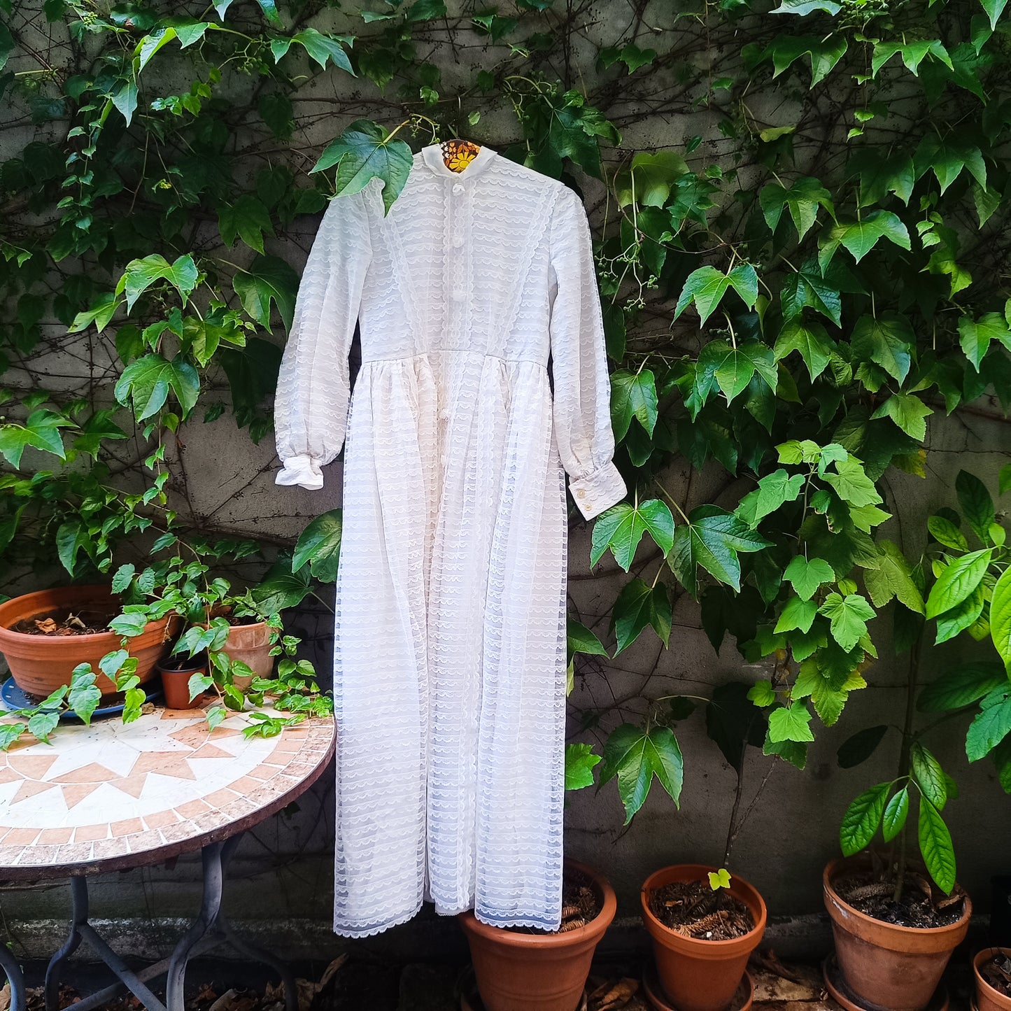 Vintage 70s White Lace Maxi Dress, Small, High Collar, Tiered Scallop Lace