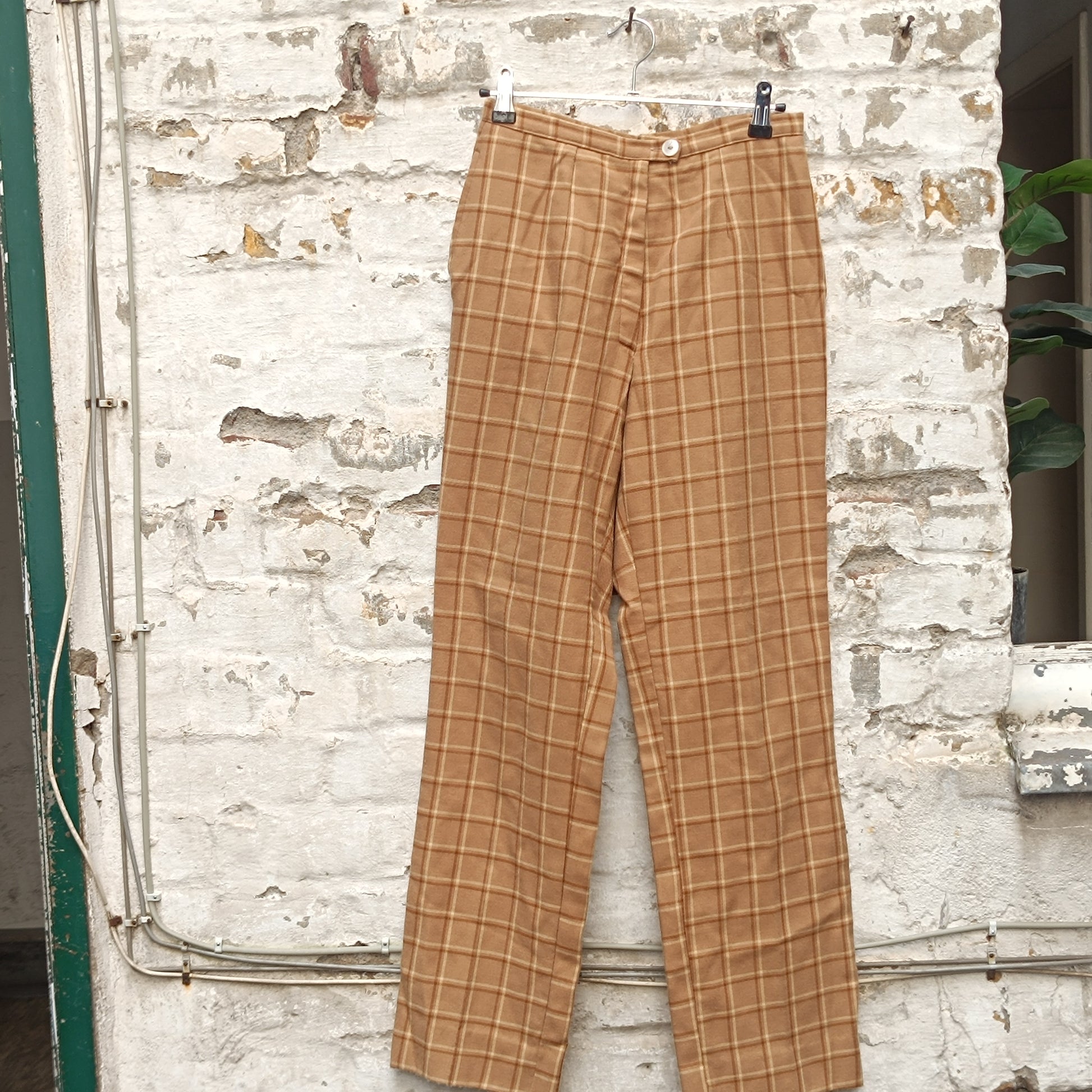 Plaid Trousers Vintage 70s Beige High Waisted Pants | Fits XS to S