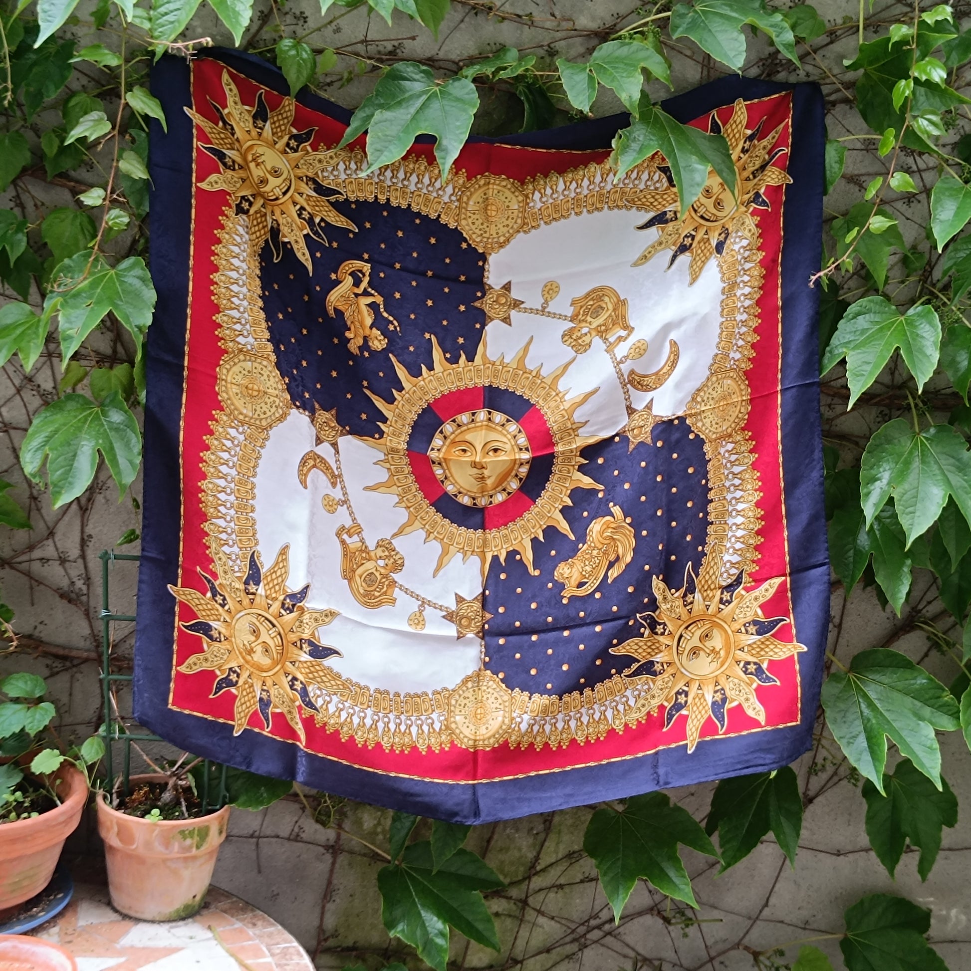Vintage Sun Moon Silk Scarf Celestial Astrology Zodiac Natur Pur Blue Gold Retro