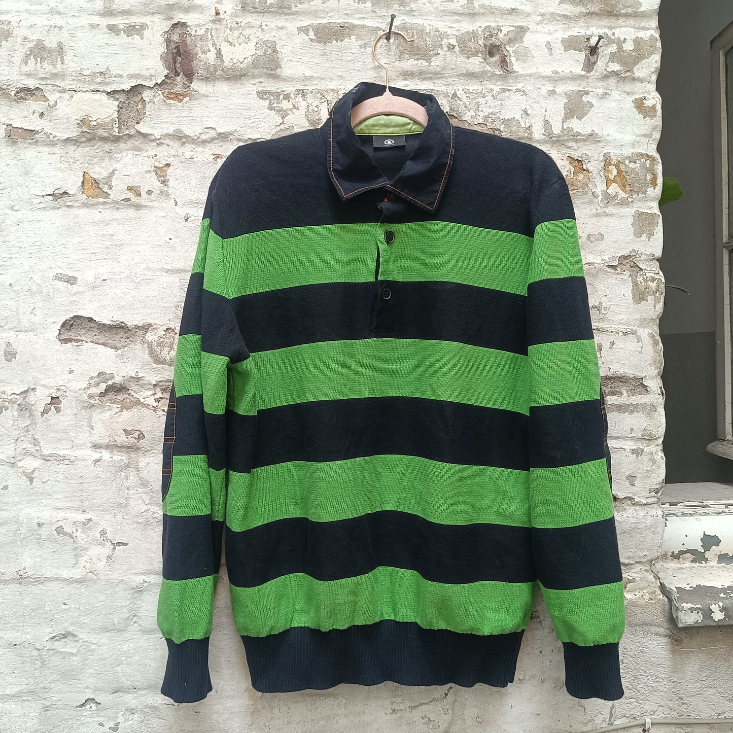 Vintage Bogner Stripe Jumper | Navy & Lime Green Cotton Knit | Fits M