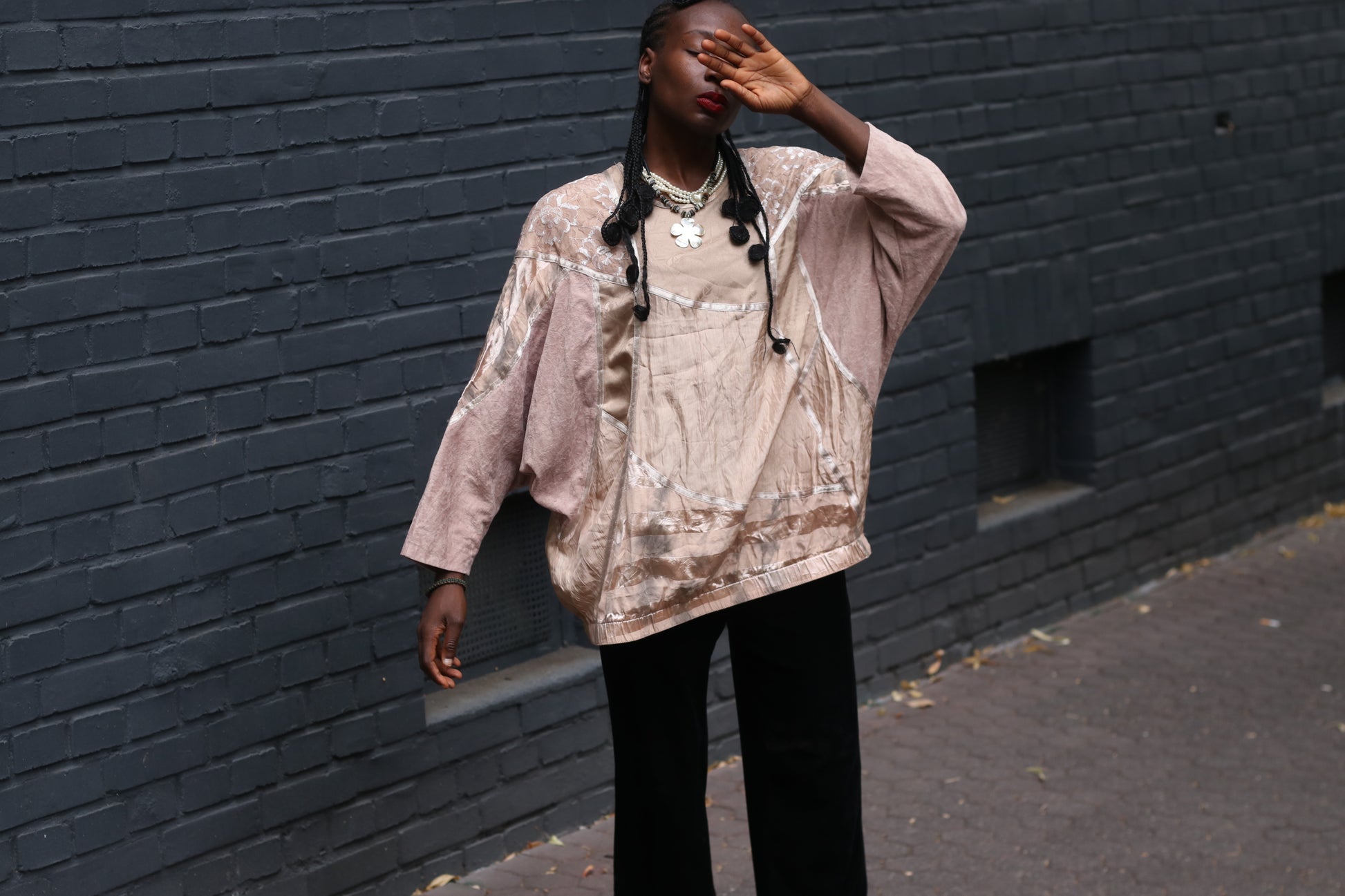 Vintage Patchwork Top 80s Batwing Blouse Beige Pink Fits M/L