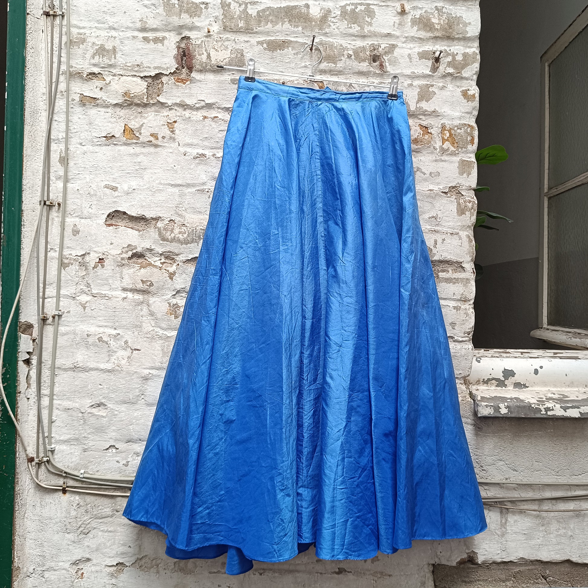Vintage Blue Silk Maxi Skirt | 80s High Waist Pleated Party Skirt XS
