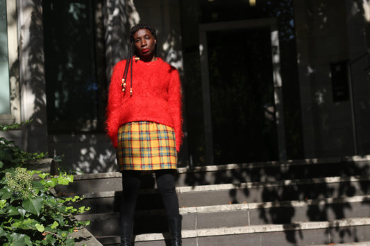 Red fluffy long sleeve sweater with metallic threads