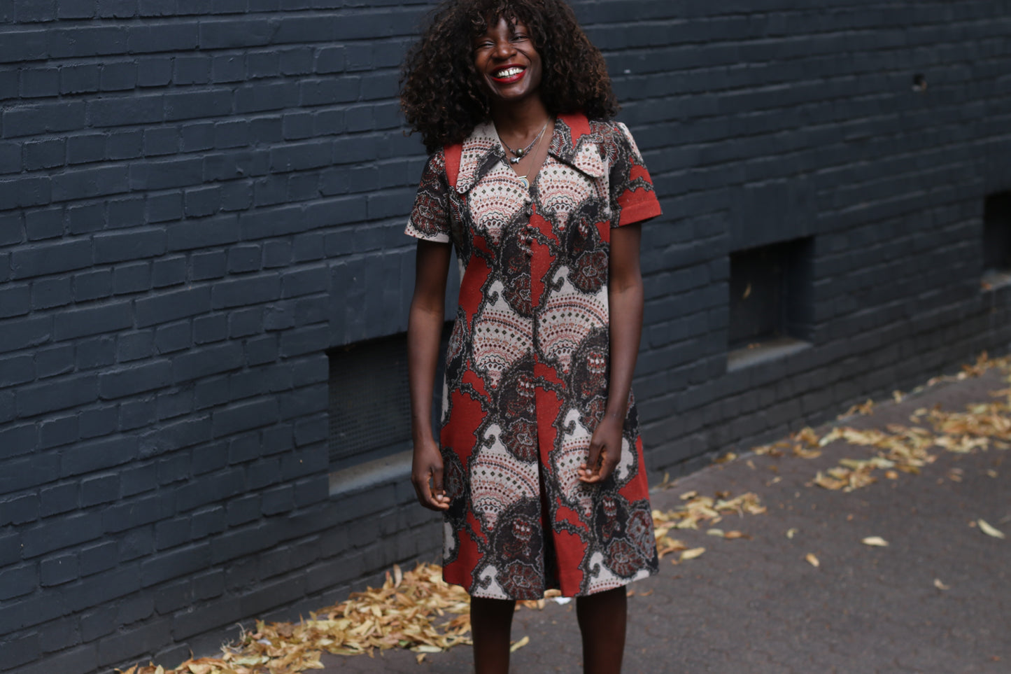 70s Paisley Mini Dress | Vintage Rust Brown A-Line Shift Dress M