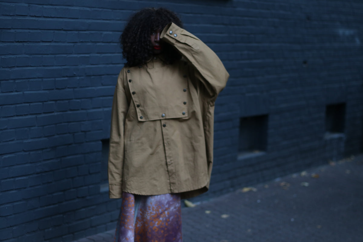 Vintage Military Style Bib Jacket - 90s Khaki Shirt Jacket - M/L