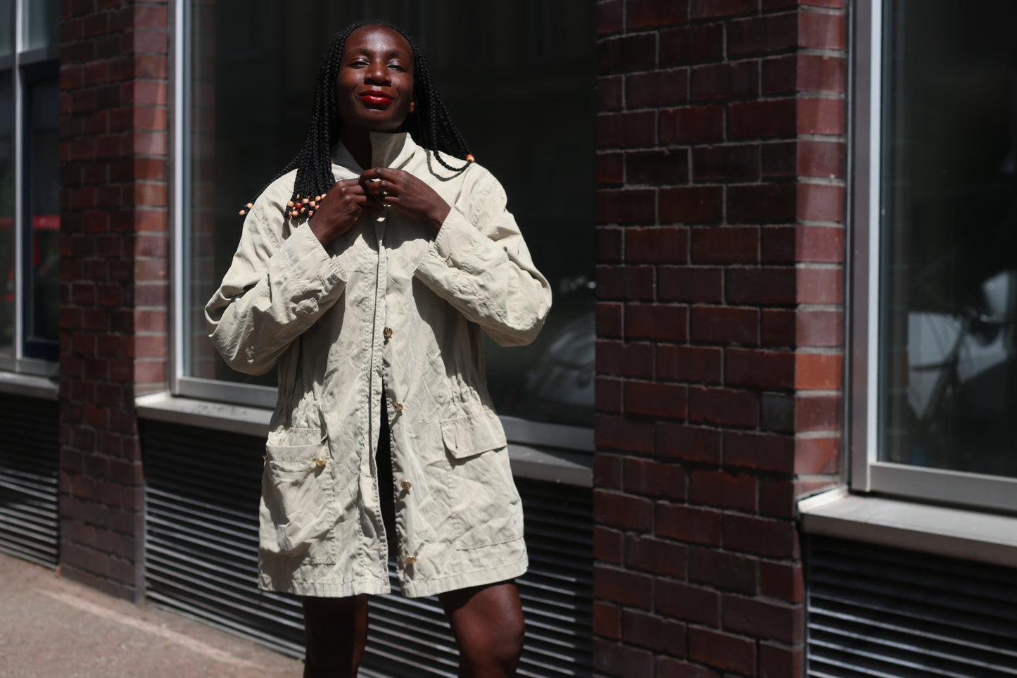 Krizia Vintage 80s Beige Trench Coat Drawstring Lightweight Parka Jacket
