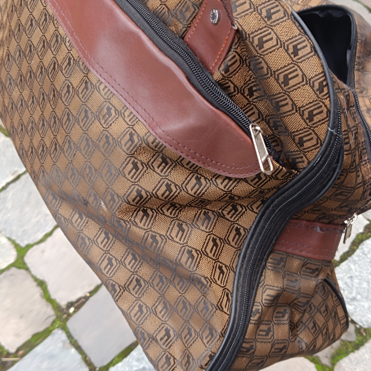 Vintage Monogram Duffle Bag - Retro Brown Geometric Travel Bag - Unisex Weekender