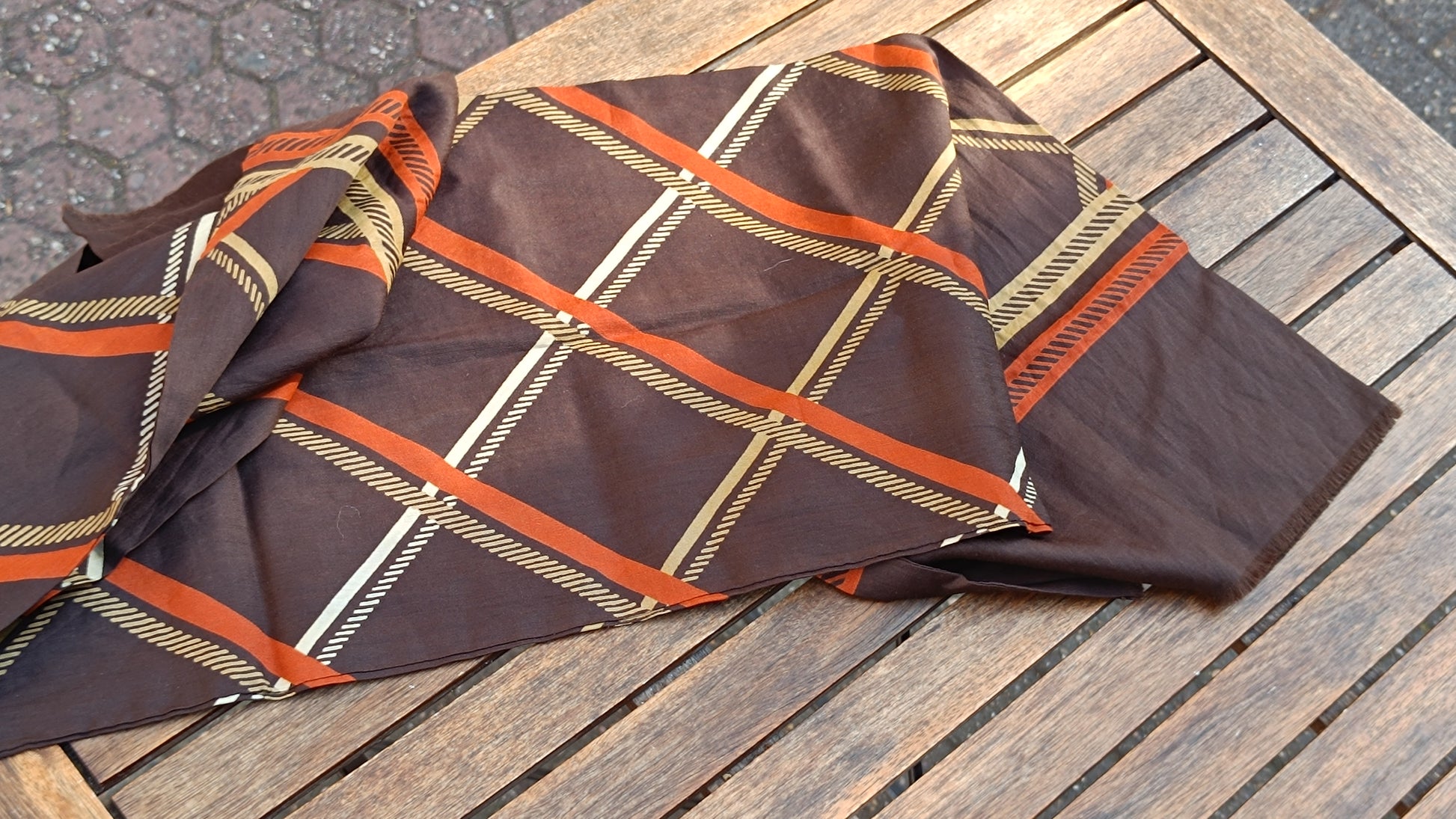 Pelo Vintage 70s Wool Silk Geometric Scarf - Brown Orange Plaid Wrap