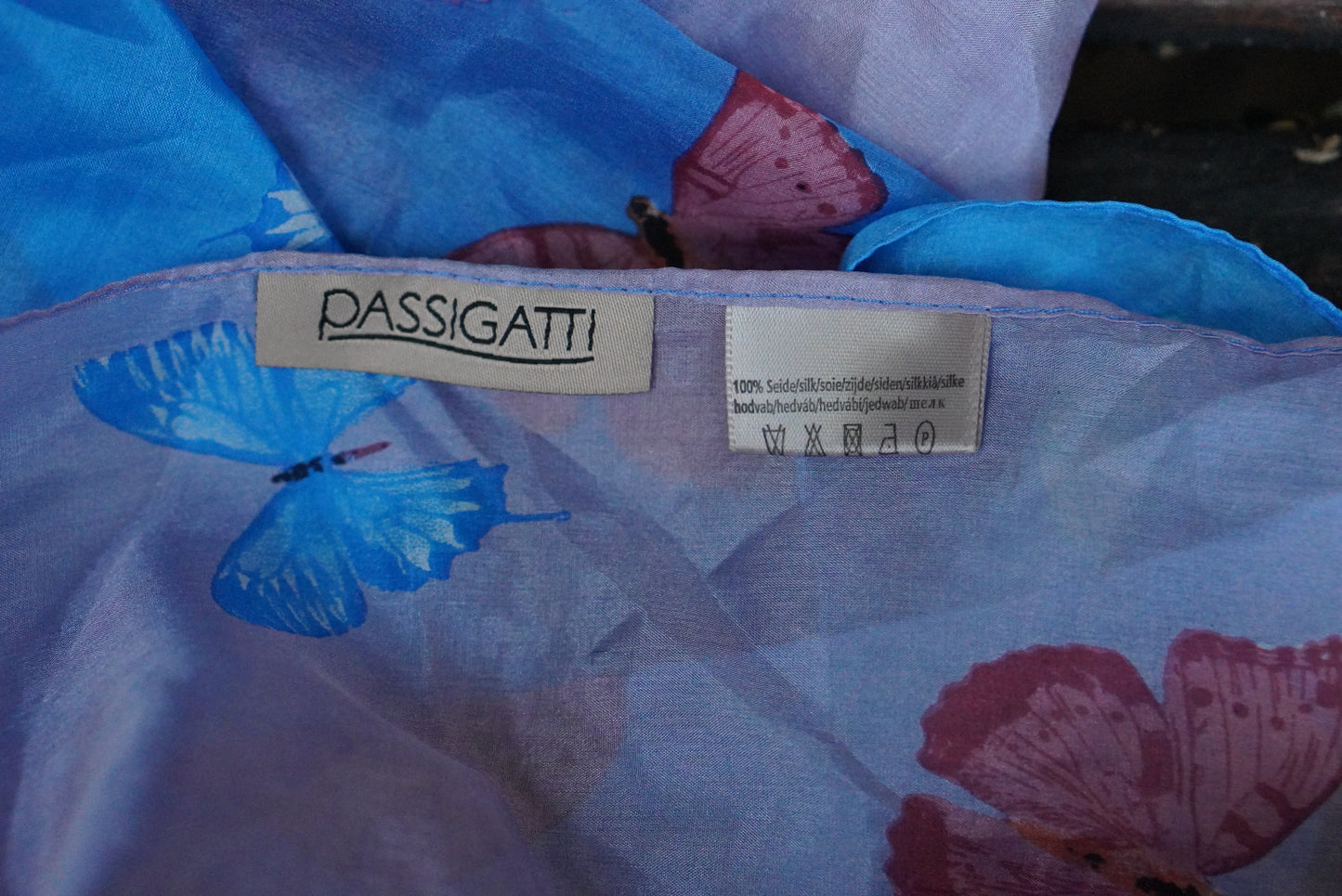 Vintage Passigatti Silk Scarf Butterfly Print Blue Purple Ombre Sheer Neck Head