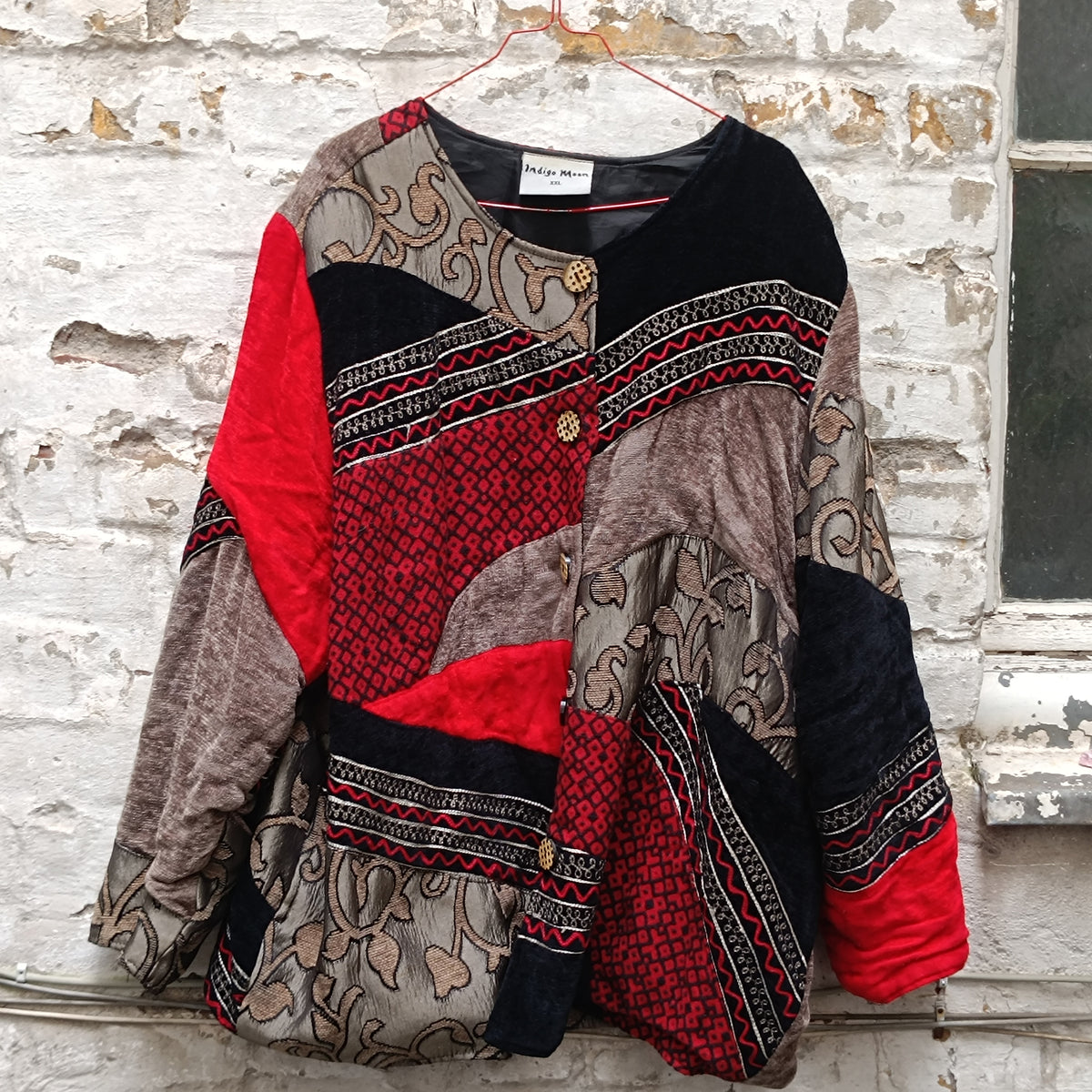 Vintage Patchwork Jacket - Y2K Boho Tapestry Coat Red Black | XXL