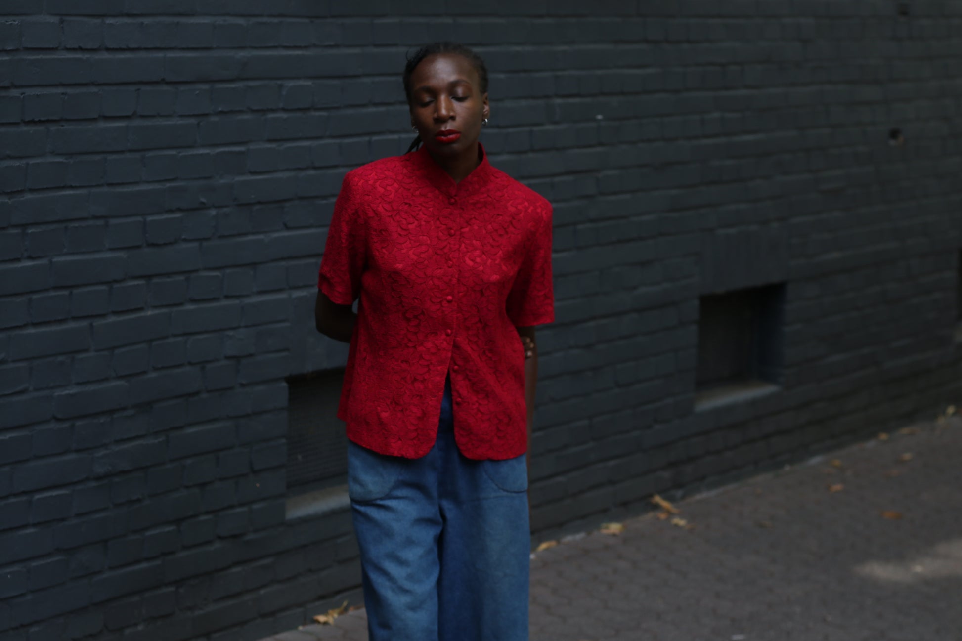 Red Lace Blouse Vintage 90s Mandarin Collar Shirt Short Sleeve | Fits S/M